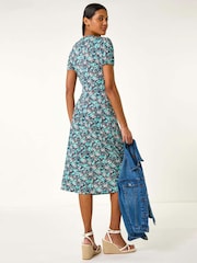Roman Blue Floral Front Twist Midi Dress - Image 3 of 5
