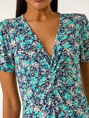 Roman Blue Floral Front Twist Midi Dress - Image 5 of 5