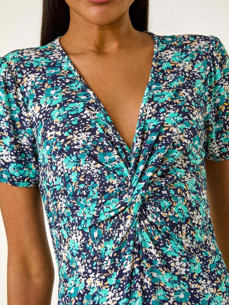 Roman Blue Floral Front Twist Midi Dress - Image 5 of 5