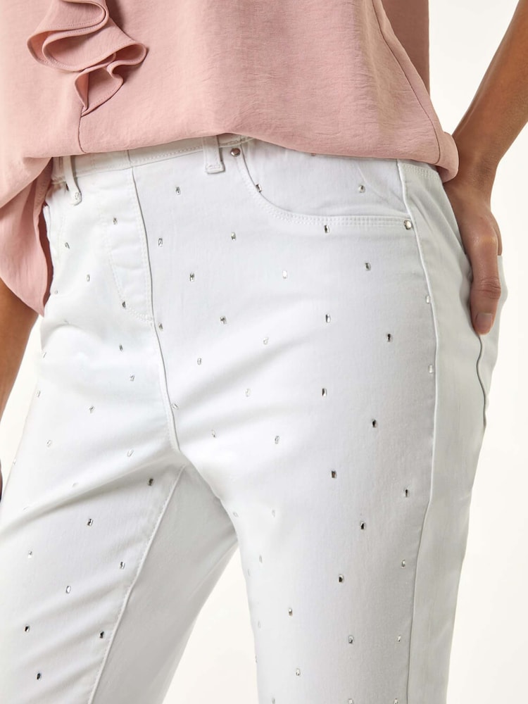 Roman White Embellished Cropped Stretch Jeans - Image 5 of 5