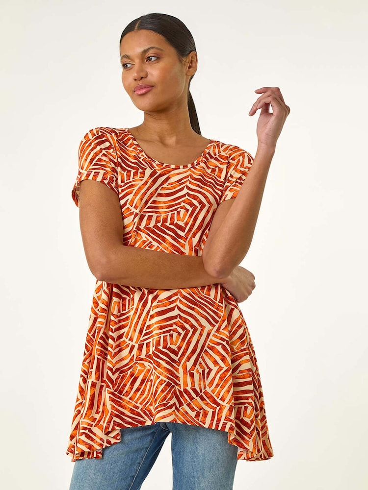 Roman Orange Leaf Print Hanky Hem Tunic Top - Image 1 of 5