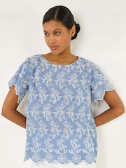 Roman Blue Floral Broidery 100% Cotton Top - Image 1 of 5