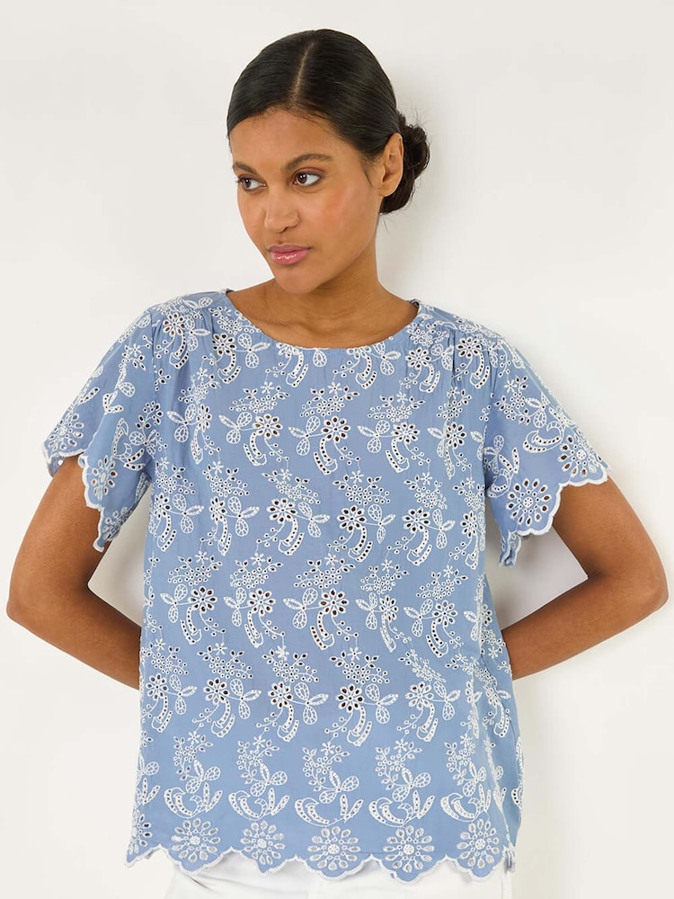Roman Blue Floral Broidery 100% Cotton Top - Image 1 of 5
