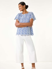 Roman Blue Floral Broidery 100% Cotton Top - Image 2 of 5