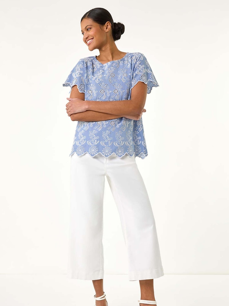 Roman Blue Floral Broidery 100% Cotton Top - Image 2 of 5