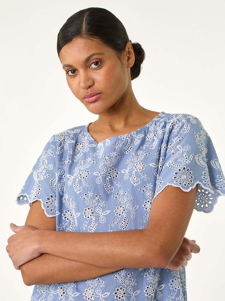 Roman Blue Floral Broidery 100% Cotton Top - Image 5 of 5