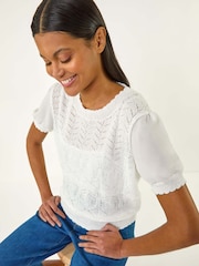 Roman White Pointelle Knit T-Shirt - Image 2 of 5