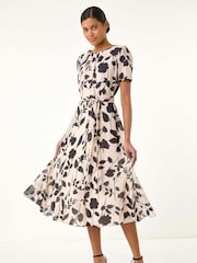 Roman Flower Print Pleat Neck Midi Dress - Image 1 of 5