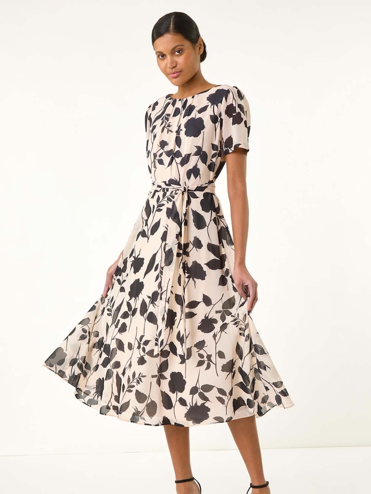 Roman Flower Print Pleat Neck Midi Dress - Image 1 of 5