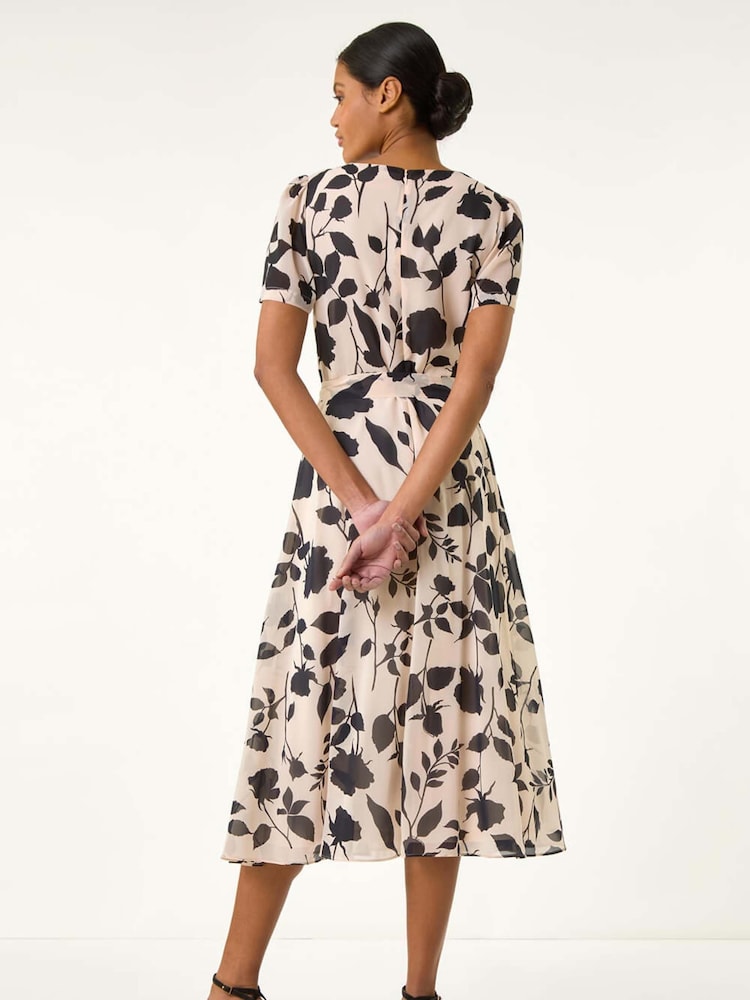 Roman Natural Flower Print Pleat Neck Midi Dress - Image 3 of 5