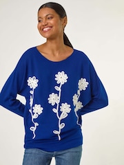 Roman Blue Floral Print Embroidery Knit Jumper - Image 1 of 5