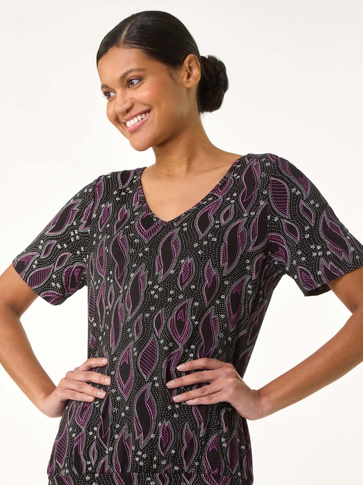 Roman Black Printed Banded Hem Stretch Top - Image 1 of 5