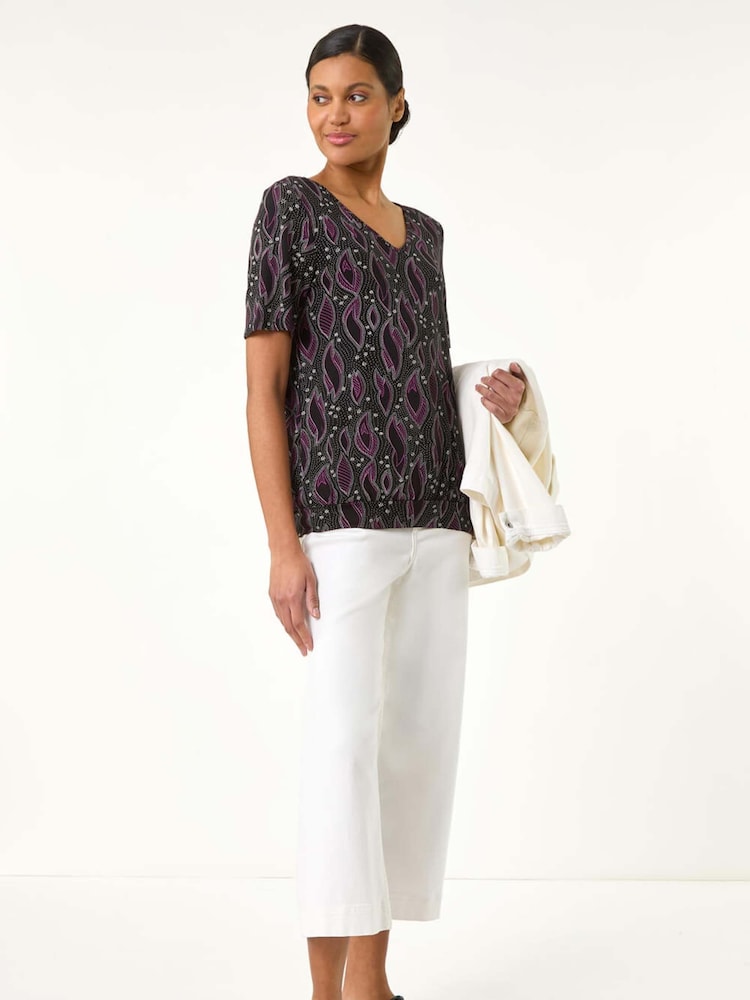 Roman Black Printed Banded Hem Stretch Top - Image 2 of 5