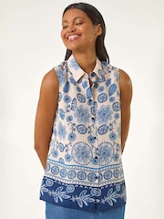 Roman Blue Border Print Collared Blouse - Image 1 of 5