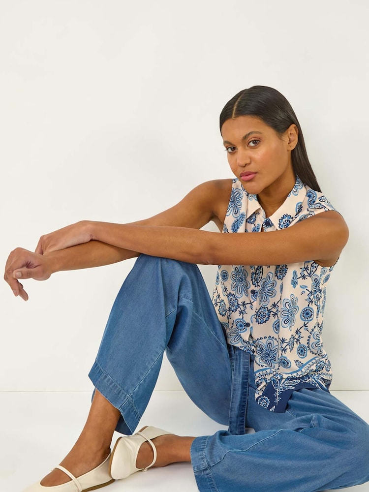 Roman Blue Border Print Collared Blouse - Image 2 of 5 Roman Blue Border Print Collared Blouse - Image 2 of 5