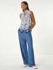 Roman Blue Border Print Collared Blouse - Image 3 of 5