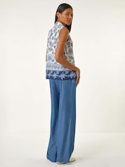 Roman Blue Border Print Collared Blouse - Image 4 of 5