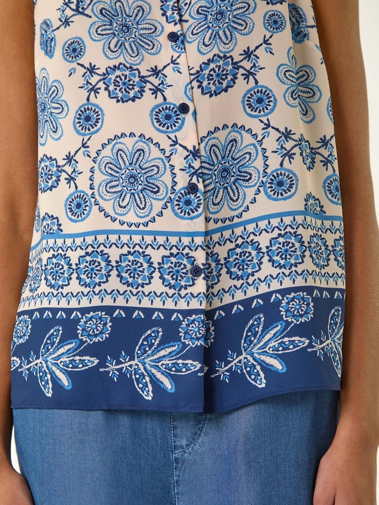 Roman Blue Border Print Collared Blouse - Image 5 of 5 Roman Blue Border Print Collared Blouse - Image 5 of 5