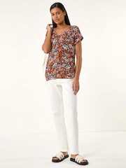 Roman Red Printed V-Neck Banded Hem Top - Image 3 of 5