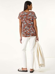 Roman Red Printed V-Neck Banded Hem Top - Image 4 of 5