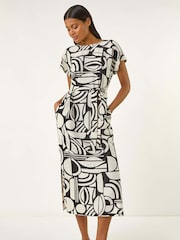 Roman Natural Geometric Textured Midi Dress - Image 1 of 5