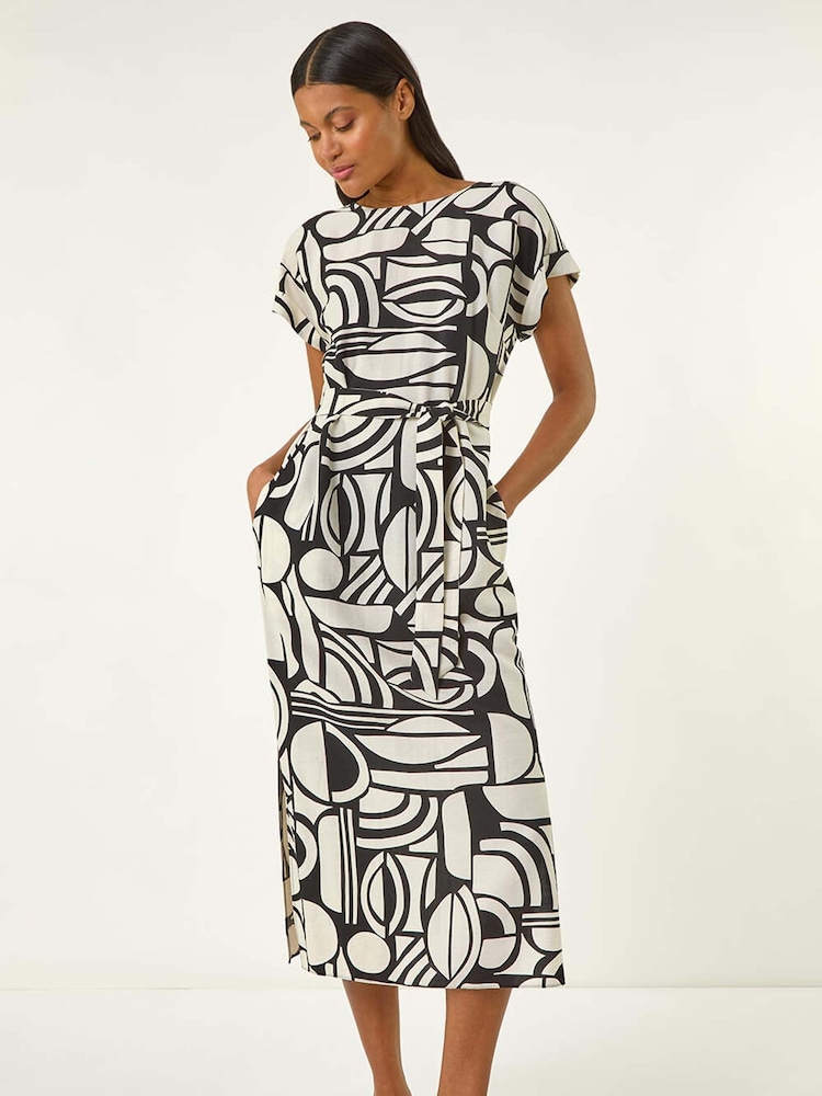 Roman Natural Geometric Textured Midi Dress - Image 1 of 5