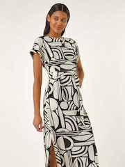 Roman Natural Geometric Textured Midi Dress - Image 2 of 5