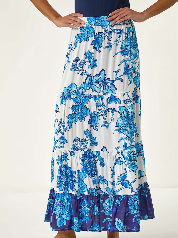 Roman Blue Contrast Floral Tiered Skirt - Image 1 of 2