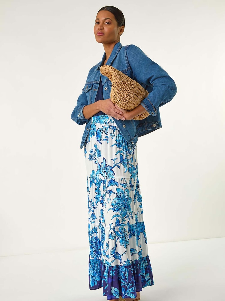 Roman Blue Contrast Floral Tiered Skirt - Image 2 of 2