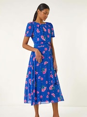 Roman Blue Floral Pleated Chiffon Dress - Image 1 of 2