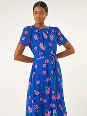 Roman Blue Floral Pleated Chiffon Dress - Image 2 of 2