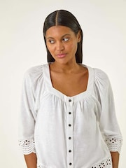 Roman White Broderie Button Stretch 100% Cotton Blouse - Image 1 of 5