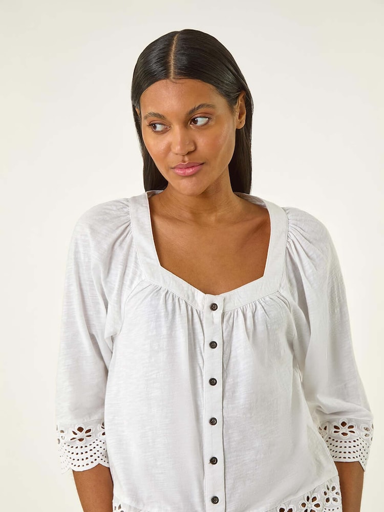 Roman White Broderie Button Stretch 100% Cotton Blouse - Image 1 of 5
