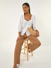 Roman White Broderie Button Stretch 100% Cotton Blouse - Image 4 of 5