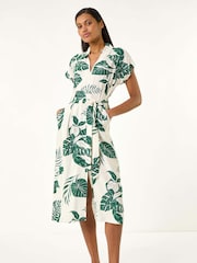 Roman Green Leaf Print Belted Shirt Midi Dress - Image 1 of 5