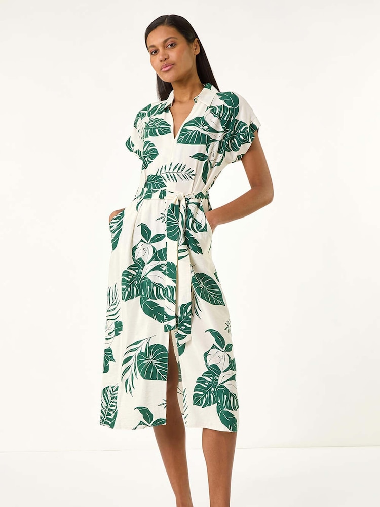 Roman Green Leaf Print Belted Shirt Midi Dress - Image 1 of 5