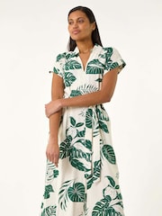 Roman Green Leaf Print Belted Shirt Midi Dress - Image 4 of 5