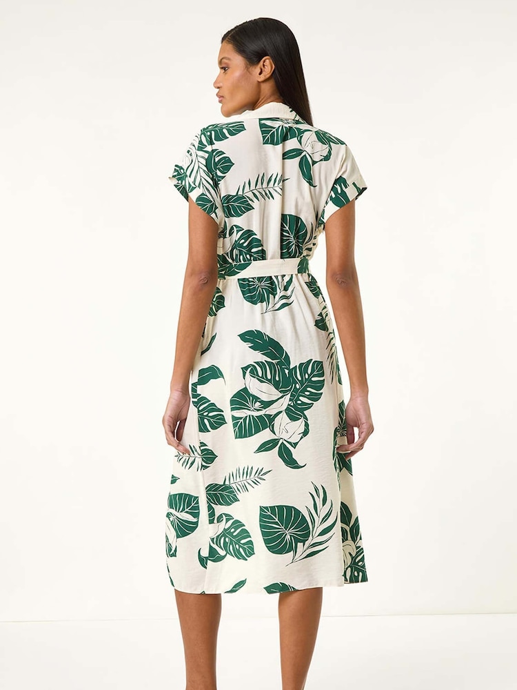 Roman Green Leaf Print Belted Shirt Midi Dress - Image 5 of 5