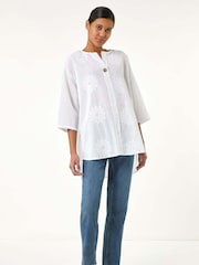 Roman White 100% Cotton Floral Embroidered Tunic Top - Image 2 of 2