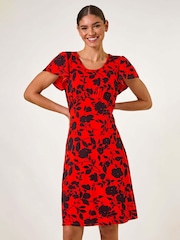 Roman Red Ditsy Floral Print Stretch Dress - Image 1 of 2