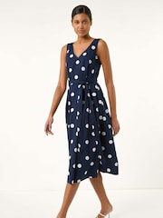 Roman Blue Spot Print Belted Midi 100% Cotton Dress - Image 1 of 5