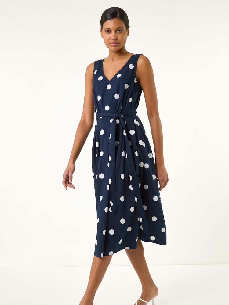 Blau - Roman Spot Print Belted Midi 100% Cotton Dress - Bild 1 von 5 Blau - Roman Spot Print Belted Midi 100% Cotton Dress - Bild 1 von 5