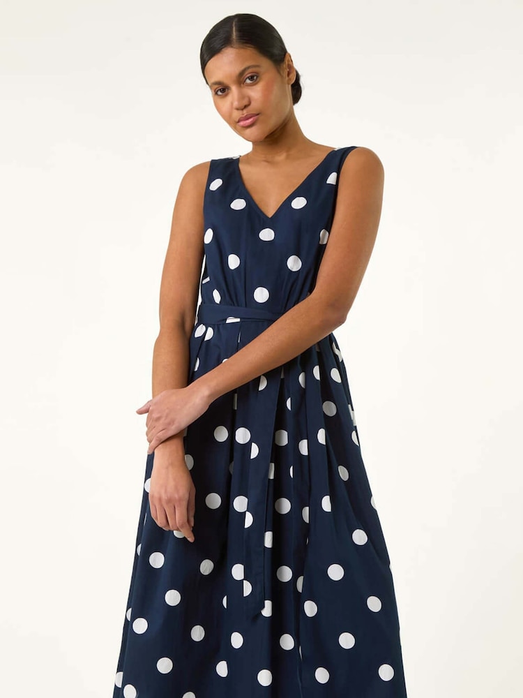 Roman Blue Spot Print Belted Midi 100% Cotton Dress - Image 2 of 5