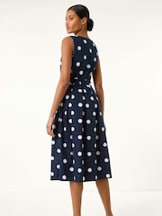 Roman Blue Spot Print Belted Midi 100% Cotton Dress - Image 3 of 5
