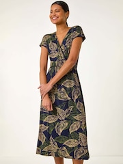 Roman Blue Leaf Print Midi Wrap Dress - Image 1 of 5
