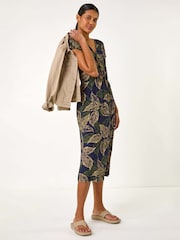 Roman Blue Leaf Print Midi Wrap Dress - Image 2 of 5