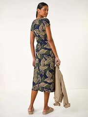 Roman Blue Leaf Print Midi Wrap Dress - Image 3 of 5