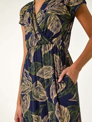 Roman Blue Leaf Print Midi Wrap Dress - Image 5 of 5