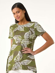 Roman Green Leaf Print Stretch Top - Image 1 of 4