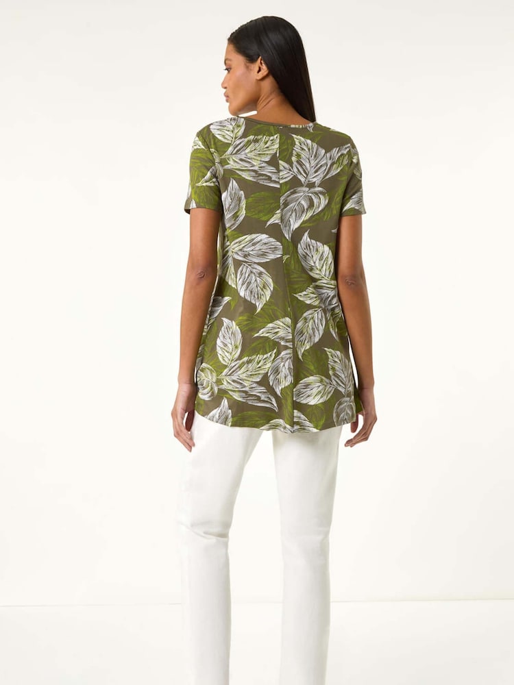 Roman Green Leaf Print Stretch Top - Image 2 of 4 Roman Green Leaf Print Stretch Top - Image 2 of 4